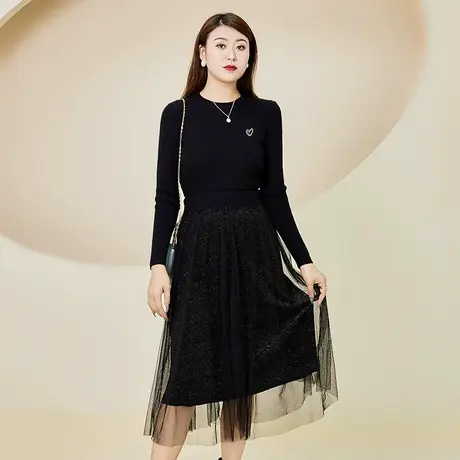 伊自尚黑色针织连衣裙宽松显瘦大码女装微胖mm减龄高级感中长款裙商品大图