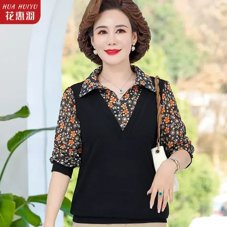 中老年女装衬衫春季碎花新款假两件上衣服叠穿针织打底衫妈妈小衫图片