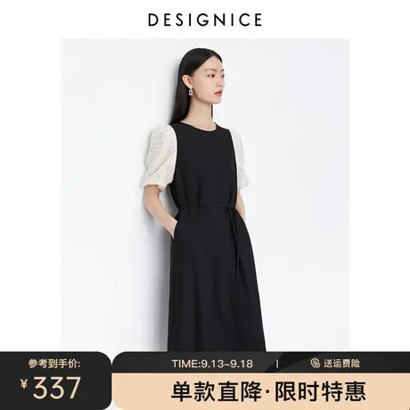 迪赛尼斯黑色长裙2023夏季新款高腰波点拼接设计短袖直筒连衣裙女图片