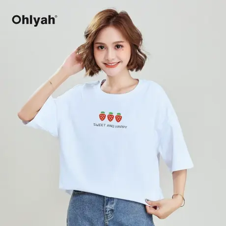 Ohlyah品牌 韩版t恤女装短袖草莓英文印花纯棉圆领百搭打底衫学生商品大图