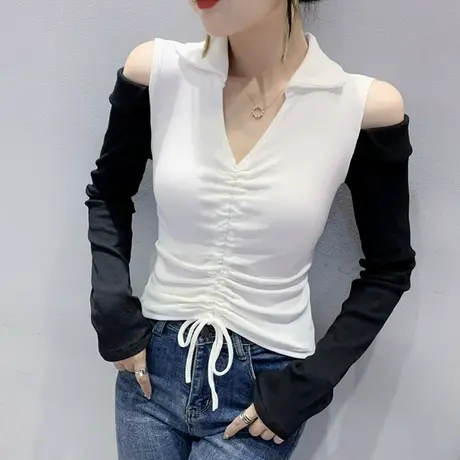 性感露肩抽绳V领T恤女长袖欧货设计感拼色上衣洋气紧身打底衫春秋商品大图