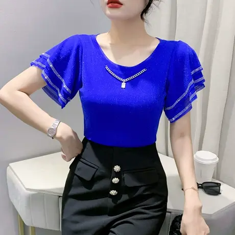 荷叶边女装性感气质网纱T恤短袖时尚重工烫钻上衣修身半袖小衫夏商品大图