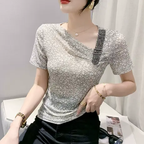 性感网纱斜领T恤女短袖2023夏季新款设计感小众上衣气质印花小衫商品大图