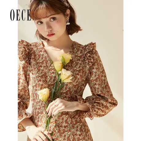 【买1送1】Oece复古碎花连衣裙春秋春装女设计感裙子法式淑女裙图片