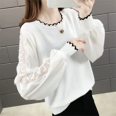 秋装2022年新款女长袖T恤白色打底衫蕾丝拼接冰丝针织薄款上衣女图片