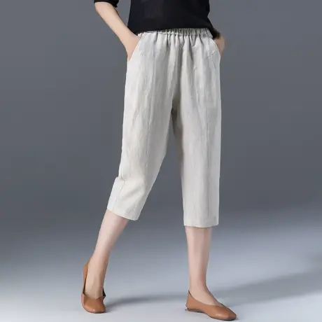 棉麻七分裤女夏薄款宽松哈伦六分中裤休闲大码亚麻女裤7分萝卜裤商品大图