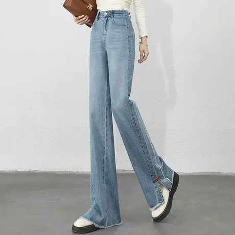 浅色高腰窄版直筒牛仔裤女2023年新款春秋微喇长裤拖地开叉阔腿裤图片