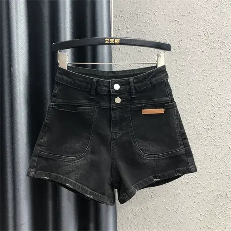 2023秋季新款贴标休闲高腰黑色牛仔短裤女士潮欧货A字阔腿裤靴裤图片