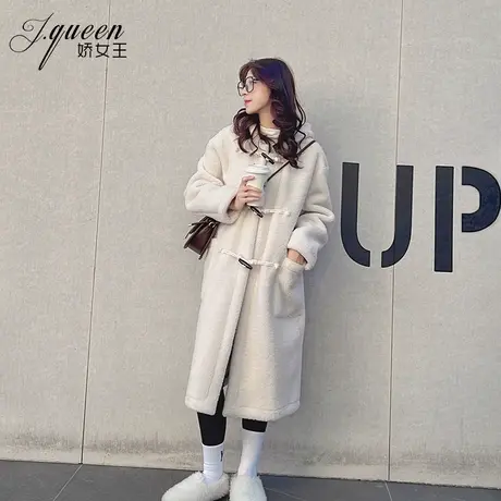 羊羔毛外套女冬季新款加厚宽松白色中长款过膝牛角扣连帽毛绒大衣商品大图