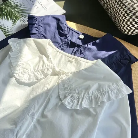 日系文艺减龄木耳花边衬衫女2022春季新款学生娃娃领甜美可爱上衣图片