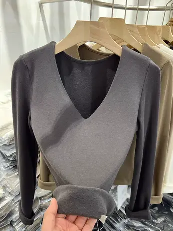 羊绒保暖针织T恤V领内搭上衣2022女装新款简约气质修身长袖打底衫商品大图
