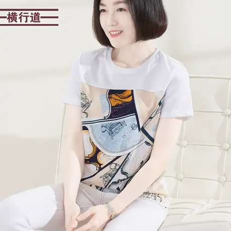 短袖t恤女夏季圆领拼接白色印花宽松大码打底衫休闲半袖上衣夏款商品大图