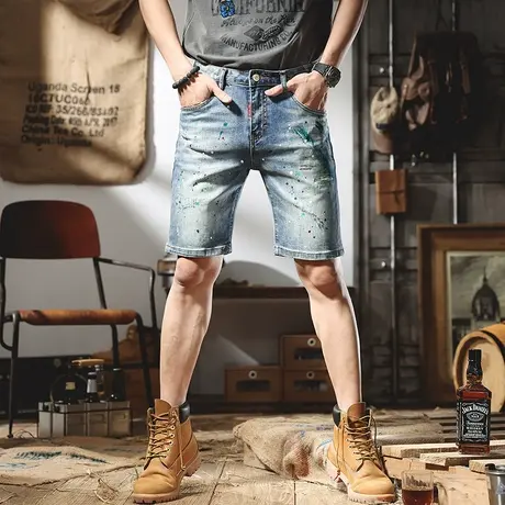 欧货潮牌漆点针缝破洞牛仔短裤男士夏季个性潮流水洗蓝色五分裤潮商品大图