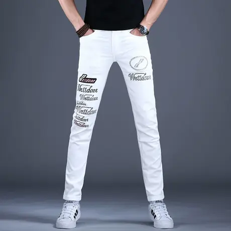 男士烫钻印花白色牛仔裤男款2023新款秋款潮牌修身小脚裤子男高端商品大图
