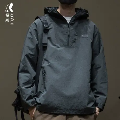希越户外速干工装冲锋衣男秋冬半拉链连帽外套宽松大码胖子风衣潮图片