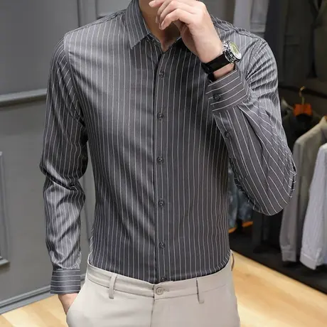 秋季新款长袖灰色条纹衬衫长袖商务休闲职业正装韩版高端衬衣工装图片