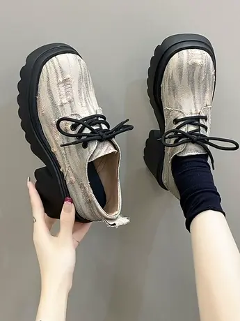 牛仔布复古小皮鞋女2023新款秋季时尚百搭洋气配裙子厚底系带单鞋图片