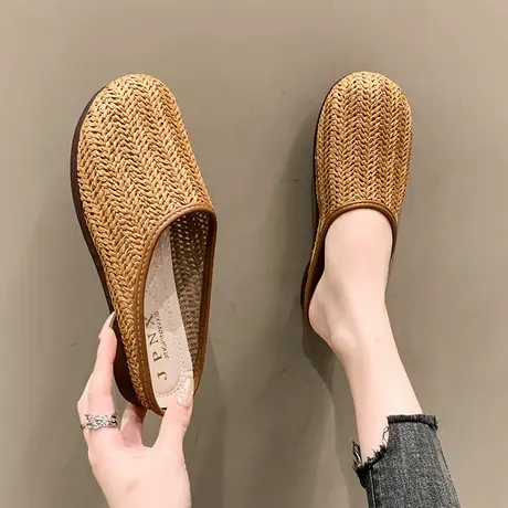 包头穆勒草编织复古半拖鞋女新款夏季外穿凉拖时尚百搭平底凉拖鞋商品大图
