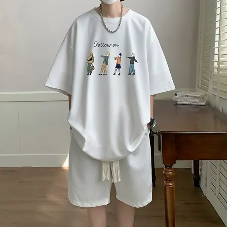 夏季学生宽松华夫格套装五分袖重磅潮运动短裤短袖t恤休闲两件套商品大图