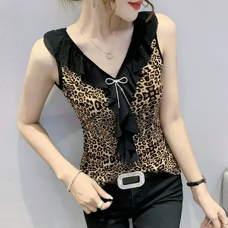 性感豹纹吊带背心女内搭荷叶边网纱打底小衫洋气修身无袖上衣夏季商品大图