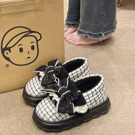 高级感可爱蝴蝶结棉拖鞋女冬季外穿毛绒保暖厚底室内家居包跟棉鞋商品大图