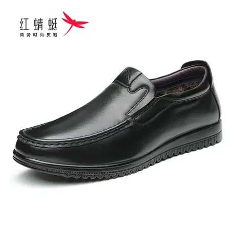 红蜻蜓皮鞋秋冬季新款商务休闲棉鞋舒适透气软皮套脚加绒保暖皮鞋商品大图