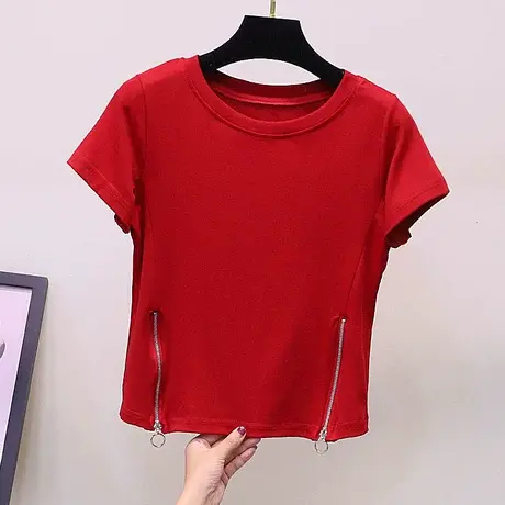 短袖网红t恤女百搭白色短款拉链上衣夏装2023新款修身字母体恤潮商品大图