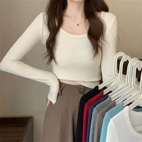 白色长袖t恤女早秋新款上衣小众设计感U领显瘦修身打底衫内搭体恤商品大图