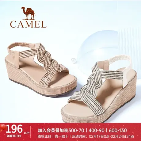 骆驼女鞋凉鞋夏季新款时装真皮厚底高跟凉鞋女增高坡跟罗马凉鞋女图片