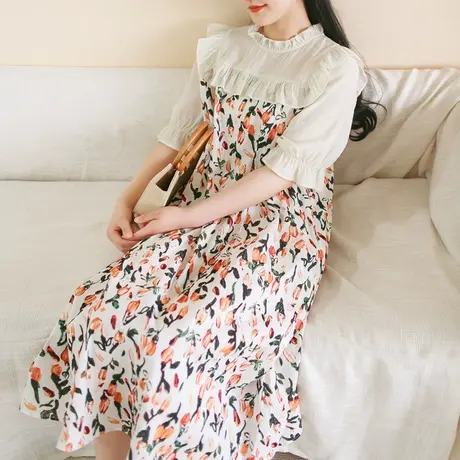 胖妹妹夏季2023新品棉质繁花撞色连衣裙大码微胖法式复古短袖长裙商品大图