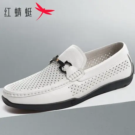 红蜻蜓豆豆鞋男夏季镂空透气男士休闲皮鞋舒适软底软面打孔皮凉鞋商品大图