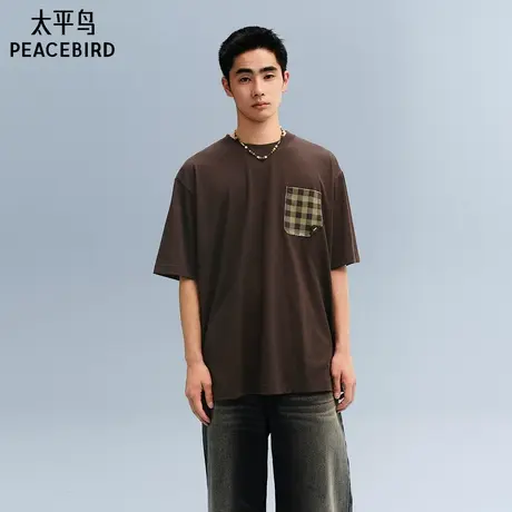 【潦草小狗联名】太平鸟男装 潮流美式格子口袋短袖T恤B2CNF221R图片