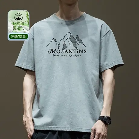 竹节棉肌理感凉感印花短袖T恤男士2025夏季新款宽松大码半袖体恤商品大图