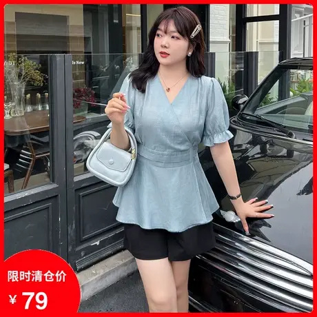 2023夏装新款法式气质V领收腰大码胖MM上衣女短袖显瘦遮肉雪纺衫图片