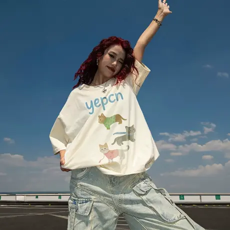 YEP美式复古卡通猫咪印花T恤女宽松2025夏季新款短袖情侣半袖上衣商品大图