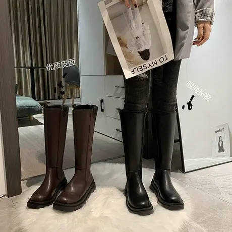 网红长筒靴2023春秋厚底松糕马丁靴女瘦瘦靴后拉链高筒骑士机车靴商品大图