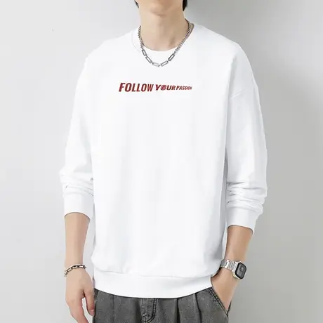 重磅纯棉卫衣男秋季摇粒绒套头无帽上衣宽松潮流白色圆领长袖t恤图片