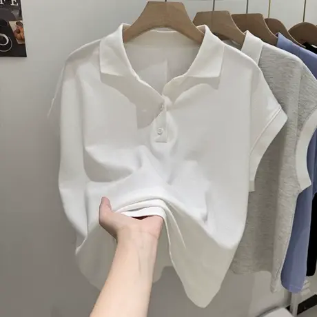 白色Polo领短袖T恤女夏季宽松韩版小个子短款正肩翻领插肩袖上衣商品大图