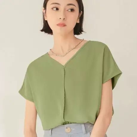 桔熊夏季通勤凉爽雪纺衫V领不易皱落肩短袖上衣女装大码AB17375商品大图