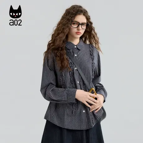 a02木耳边宽松格子衬衫女2025新款秋季设计感衬衣外套通勤上衣商品大图