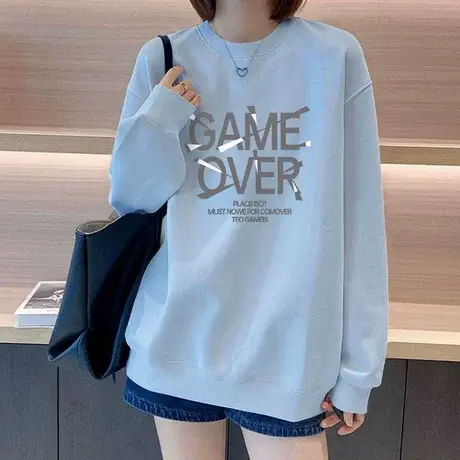 圆领卫衣女2025秋季新款爆款韩版宽松正肩小个子加绒套头无帽上衣商品大图