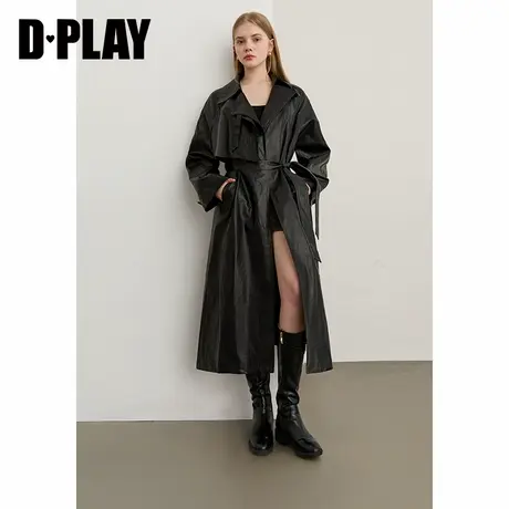 DPALY2025年秋季新款黑色风衣外套女时尚长款含腰带翻领大衣皮衣商品大图