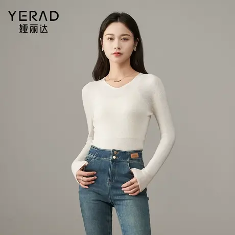 娅丽达v领修身羊毛衫女基础针织衫2025秋新款内搭气质短款打底衫商品大图