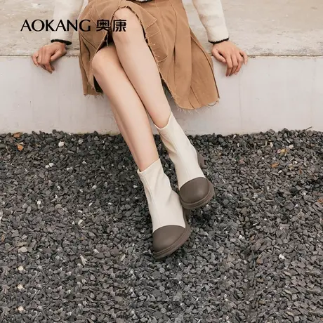 奥康女鞋 冬季新款时尚拼色保暖加绒女士中筒靴子简约百搭商品大图