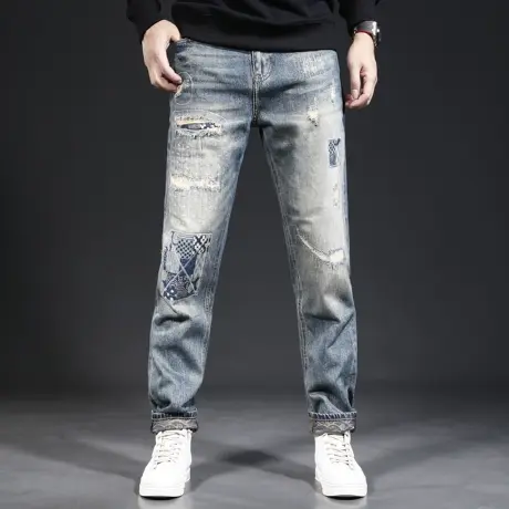 美式潮牌破洞补丁牛仔裤男宽松直筒2023年新款男裤子痞帅春秋季商品大图