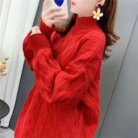 中长款加厚立领麻花毛衣女秋冬2022新款宽松慵懒风百搭打底针织衫商品大图