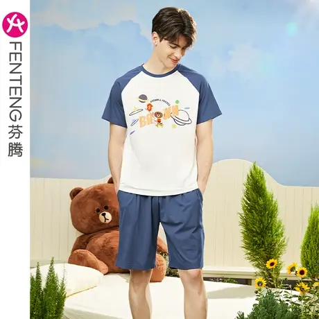 芬腾布朗熊睡衣男夏季纯棉短袖卡通韩版青年可外穿休闲家居服套装商品大图