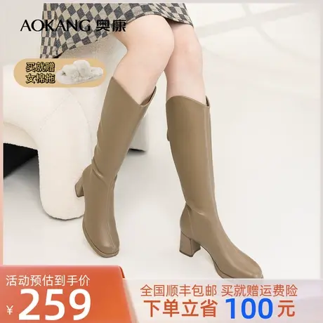 奥康女鞋 2023冬季新款粗高跟骑士长筒靴简约气质英伦风弹力靴子图片