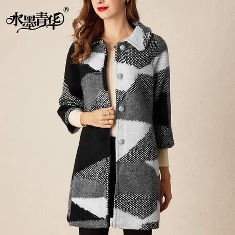 水墨青华2023冬装新款时尚百搭中长款简约格子毛呢外套大衣女图片
