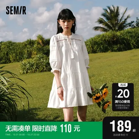 森马连衣裙女木耳边白色文艺温柔2023秋季新款宽松肌理蛋糕裙法式商品大图